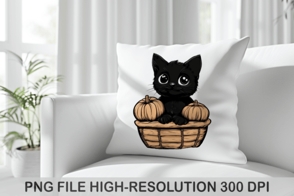 Black Cat in Pumpkin Basket Halloween