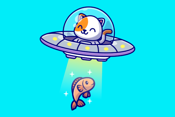 Cute Cat Catching Fish with Ufo Cartoon