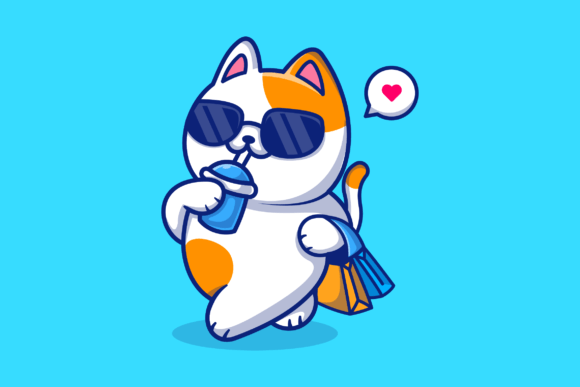 Cute Cat Drink and Holding Bag Cartoon