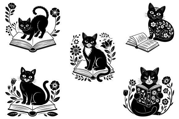 Floral Book Cat Svg, Book Lover Bundle