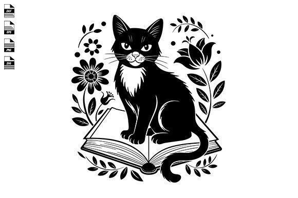 Floral Book Cat Svg, Book Lover Cat