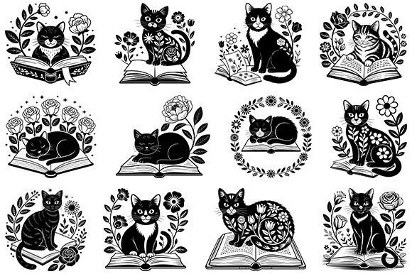 Floral Book Cat SVG: Cat Reading Bundle