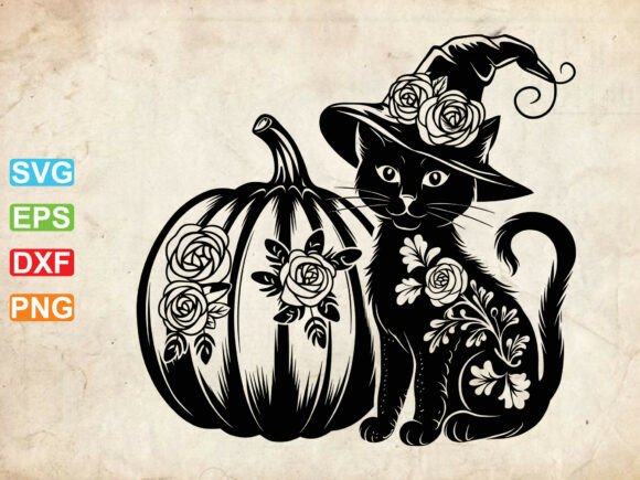 Floral Witch Cat SVG, Halloween Kitten