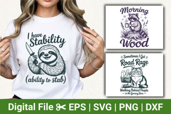Funny Sloth, Raccoon, and Cat SVG