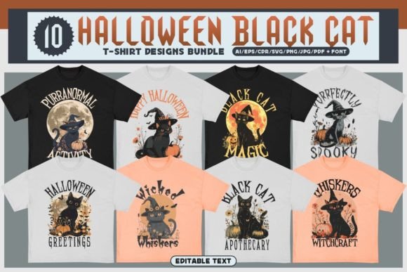 Halloween Black Cat Tshirt Design Bundle
