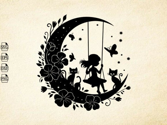 Moon Kitten SVG: A Whimsical Floral Cat for Thoughtful Embroidery