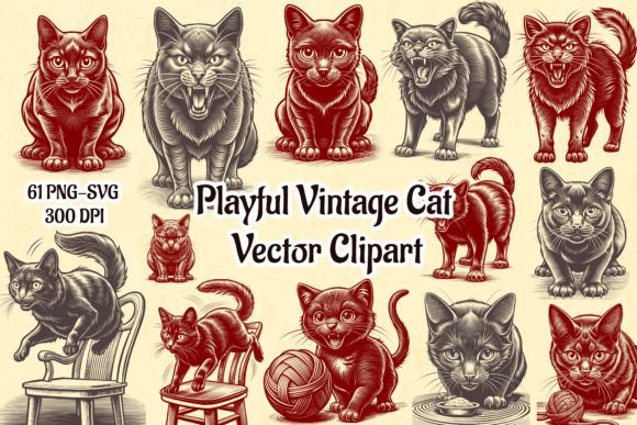 Playful Vintage Cat Vector Clipart Png