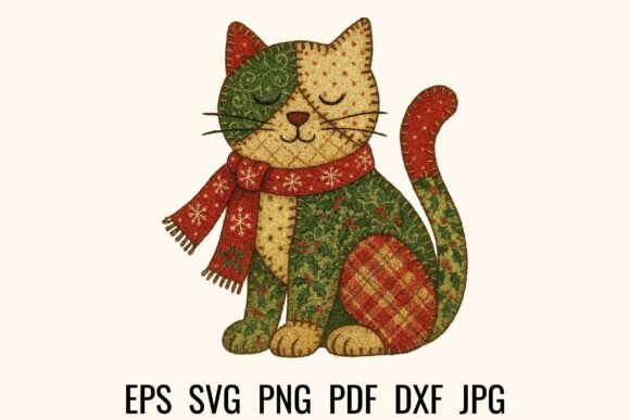 Vintage Patchwork Christmas Cat SVG PNG